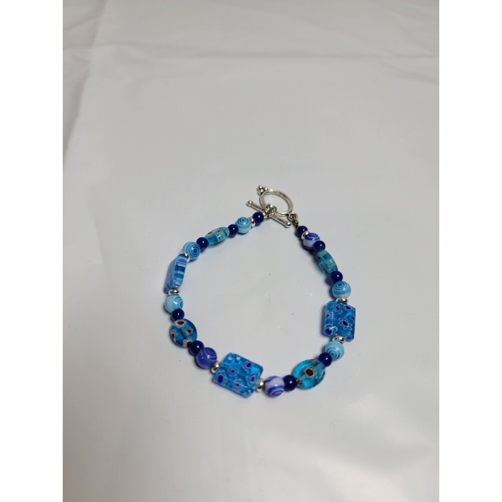 Blue Millefiori Style Beaded Bracelet Silver Tone Toggle Clasp Boho Jewelry